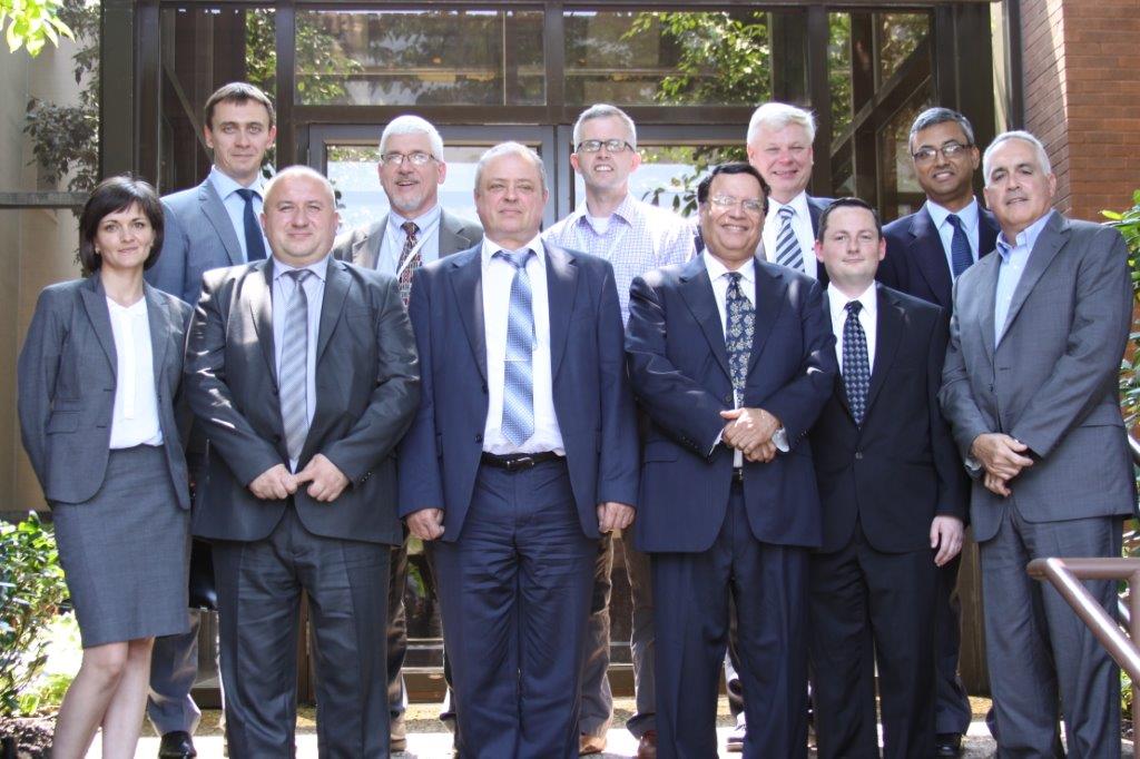 Delegates from Ukraine meet with specialists from Holtec International. Pictured in the front row (L-R) are: second from left Mr. Igor Shevchenko (President, SSTC), third from left Mr. Sergiy Bozhko (Chairman, SNRIU), and fourth from left Dr. Kris Singh (CEO, Holtec).