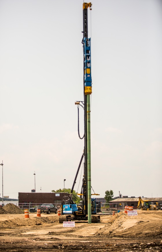The first of 4,000 large concrete-filled steel piles to form the support foundation for the new Holtec Technology Campus