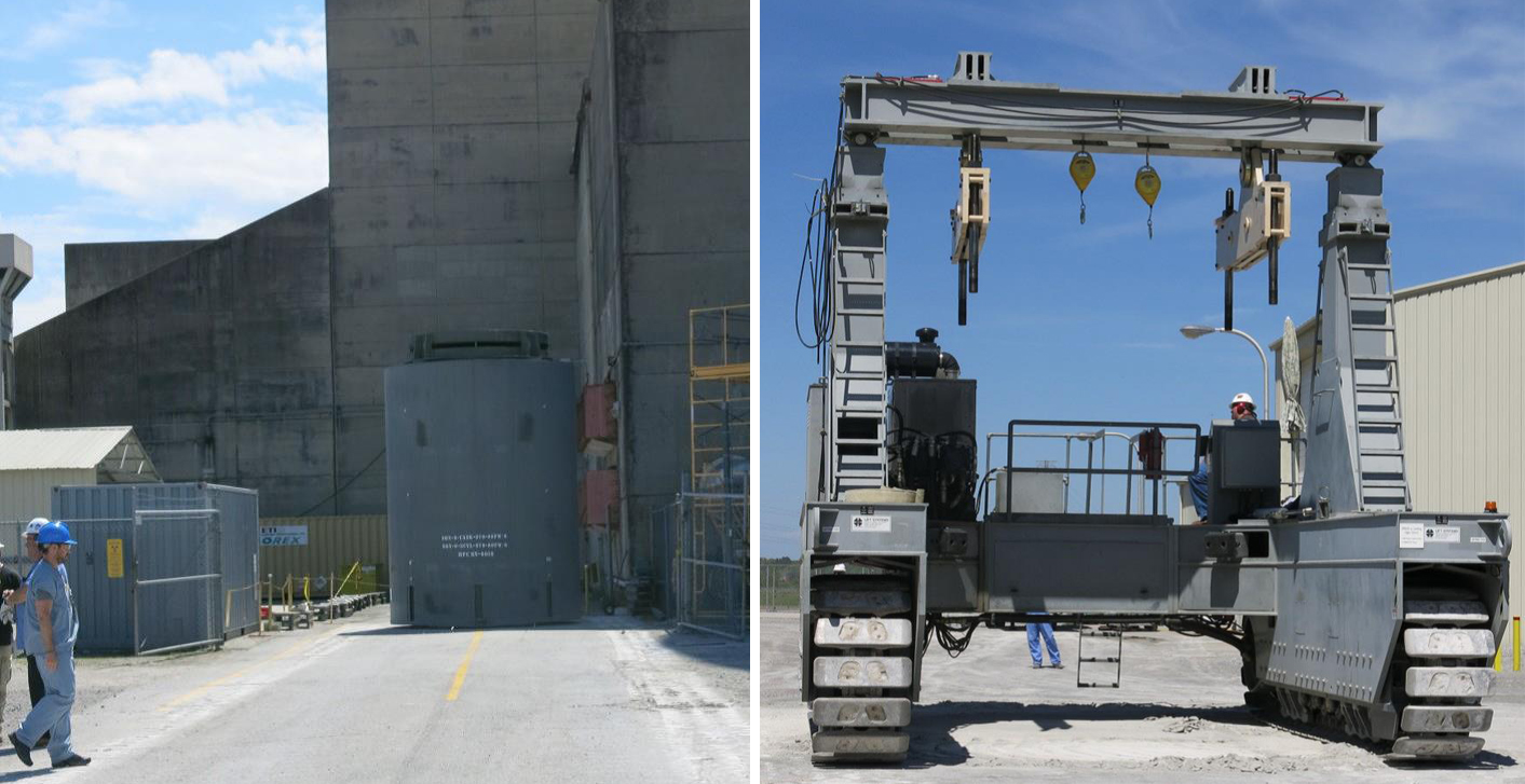 Photo Left: Loaded HI-STORM FW Dry Storage Cask, Containing 37 Spent Fuel Assemblies Staged for Transport to the ISFSI Photo Right: Vertical Cask Transport (VCT) used to Transport the Cask